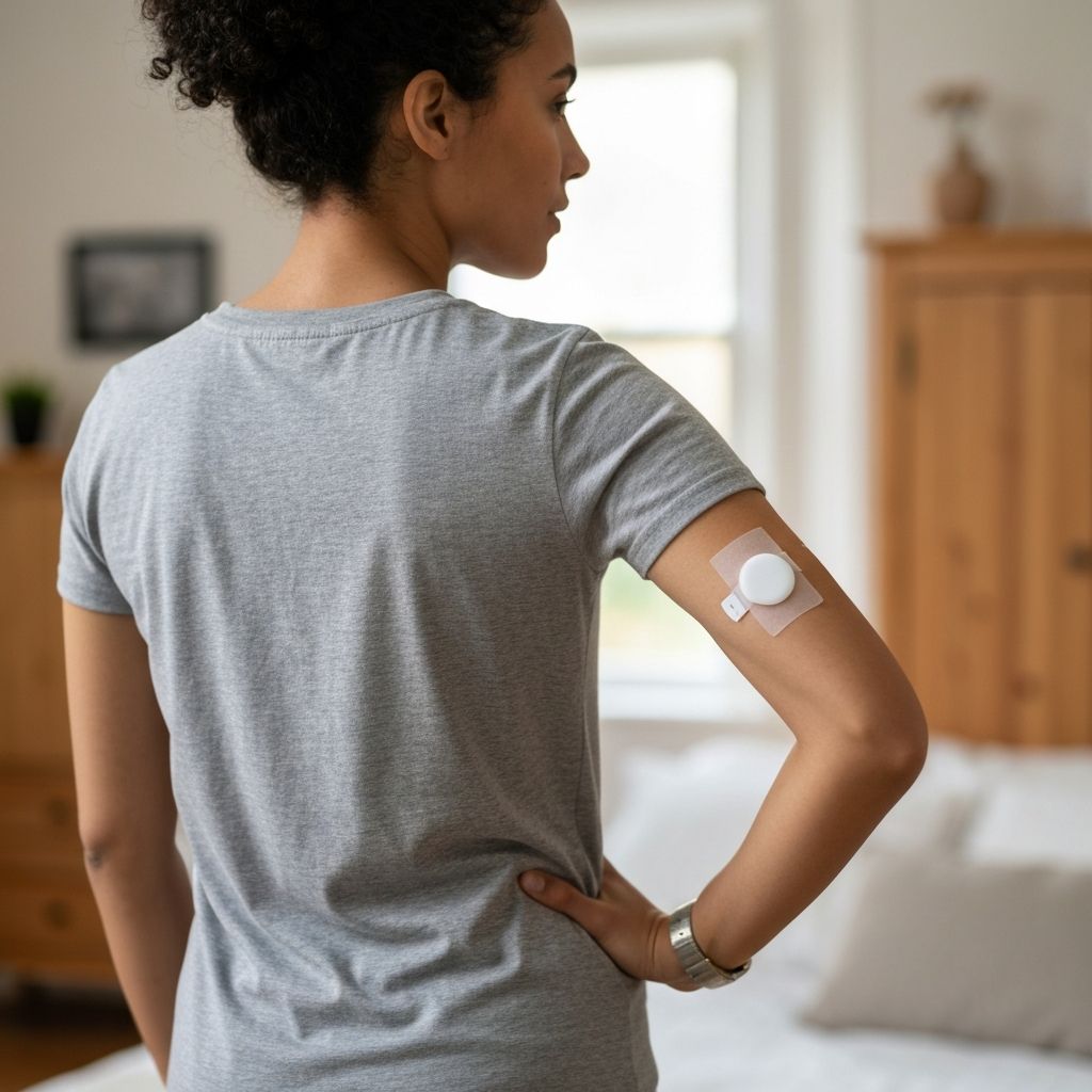 Person wearing a continuous glucose monitor while enjoying a healthy breakfast